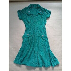 Vintage 1950's Rosemont Lace Embellished Rhinestone Buttons Green Day Dress